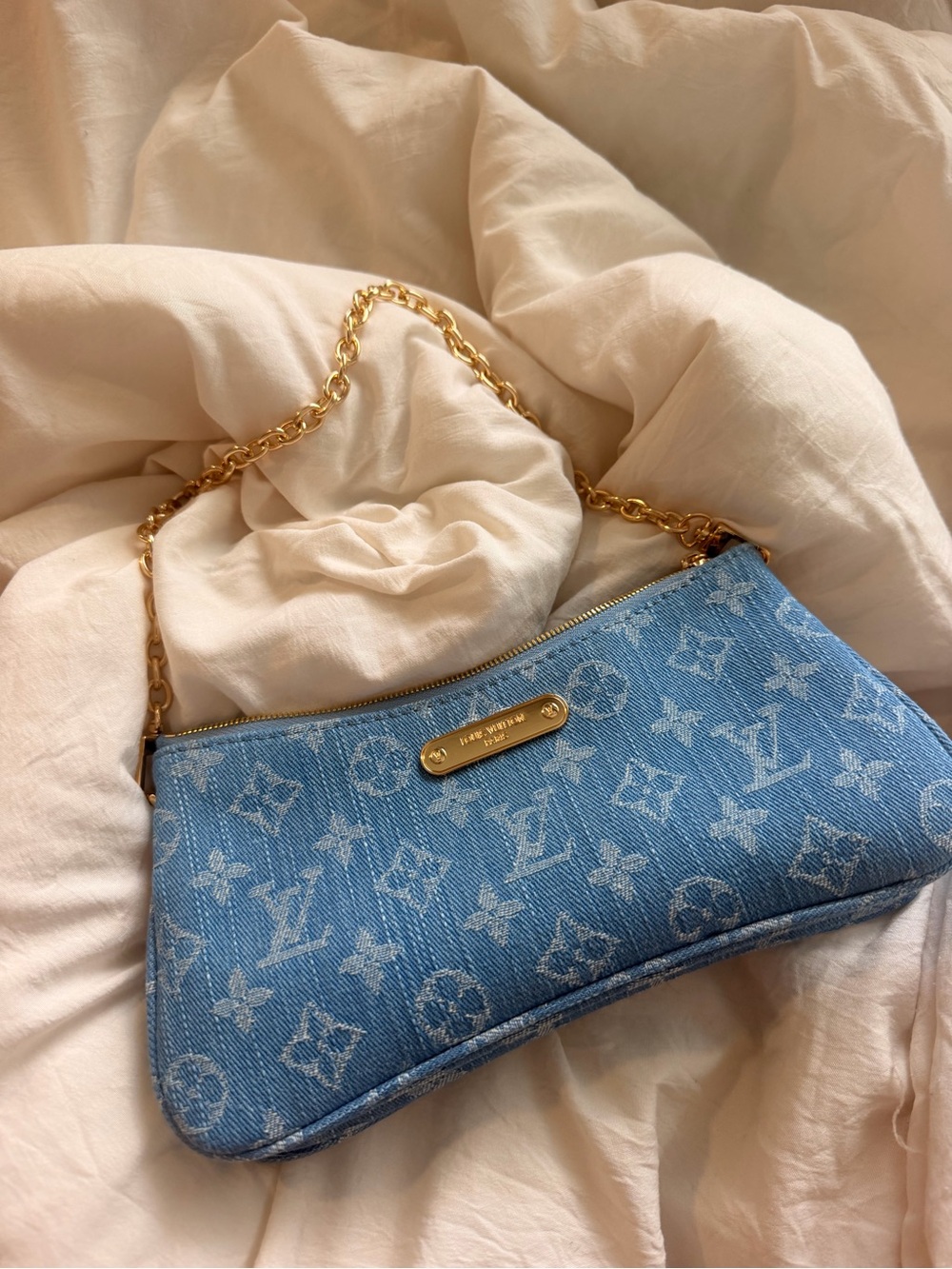 Blue Monogram Denim Pochette with Gold Chain